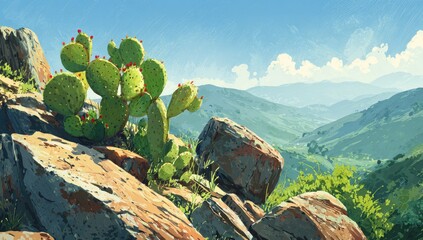 A vibrant digital painting depicts a prickly pear cactus thriving amidst sun-drenched rocks, overlooking a vast, verdant mountain range under a partly cloudy sky
