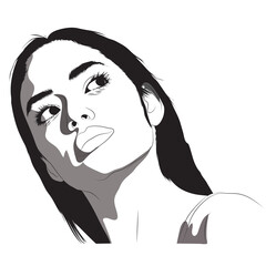 This black-and-white vector illustration shows a woman looking up, with stark contrasts of light and shadow on her face, highlighting her features.

