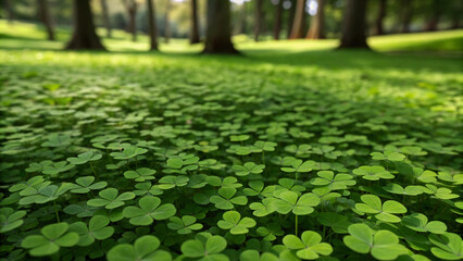 Close-up of a lush green clover field in a sunlit park with blurred trees in the background