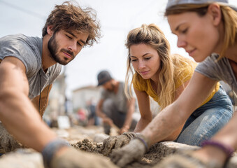 Volunteers build pathways with mud and stones under clear skies in a rural community