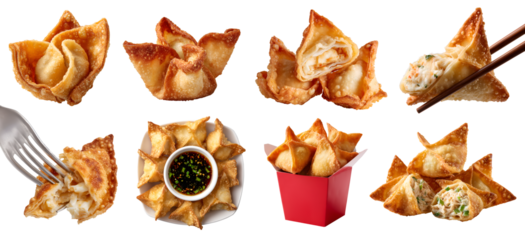 Set of Crispy fried wontons dumpling, Crab Rangoon puffs, stack pile, fork, takeaway bucket, dip sauce, broken bitten pieces on transparent cutout PNG. Mockup for design