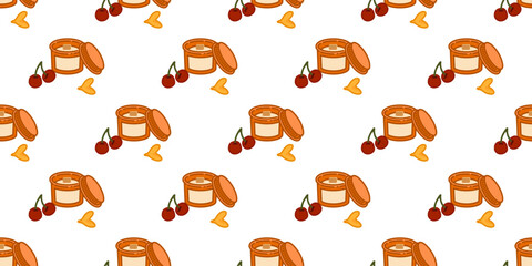 Seamless Autumn Cherry Candle Pattern. Cartoon autumn candles with cherry fruit in flat style. Seamless cozy seasonal pattern on white background.