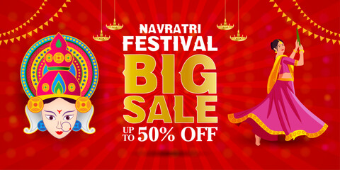 Traditional Navratri big sale vector background with dancing woman, goddess illustration, festive diyas, and bright red backdrop. Perfect for advertising, offers, and promotions during Indian festival
