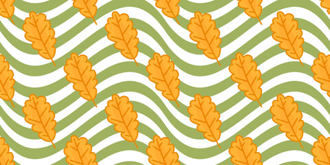 Seamless Cartoon Autumn Oak Pattern. Yellow cartoon oak leaves in flat style. Seamless autumn foliage pattern on green wavy background.