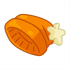 Orange Cartoon Winter Beanie. Bright orange beanie hat with pompom in cartoon style. Flat colorful illustration on white background.