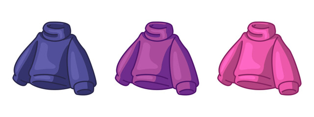 Cartoon Colorful Sweater Collection. Set of colorful sweaters with turtlenecks in cartoon style. Flat illustration on white background. © pepiyoinlo