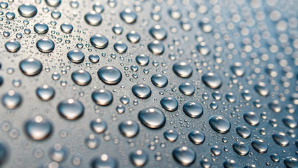 Close-up of numerous water droplets on a metallic surface with blue and silver tones drops