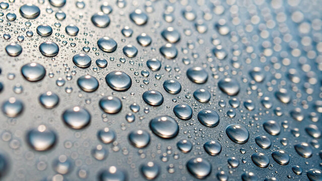 Close-up of numerous water droplets on a metallic surface with blue and silver tones drops