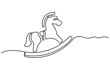 Continuous one line drawing of rocking horse kid toy. Horse toy outline vector illustration. Editable stroke, One continuous line drawing of retro old vintage wooden horse toy. Classic toy kids pro.