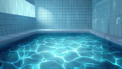 Empty indoor swimming pool with light-blue tiles.