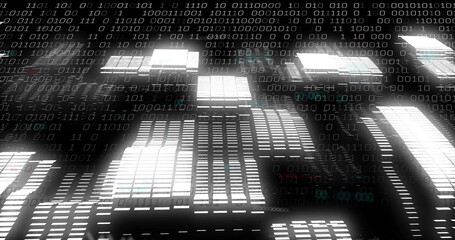 Displaying illuminated blocks forming 3D grid in dark digital space, with floating binary digits