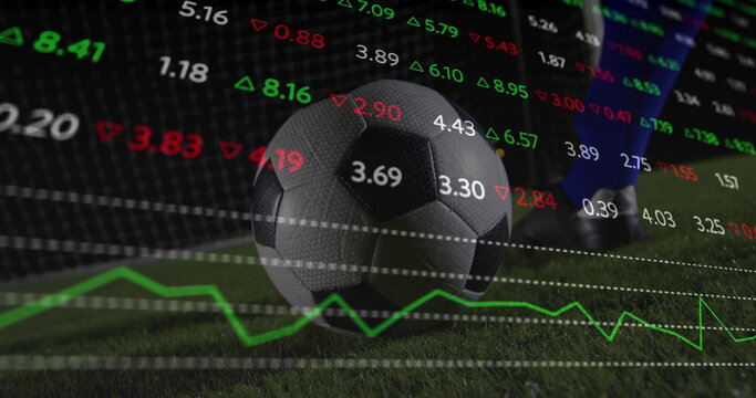 Positioning soccer ball near blue athletic sock and black cleat on grass field, with financial data