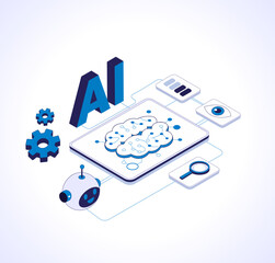 Illustration of artificial intelligence technology features neural network and robotics elements, including brain on tablet, gears, and robot head, symbolizing innovation
