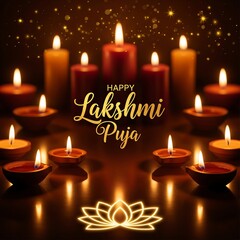 Glow of lakshmi puja with many diyas and lotus