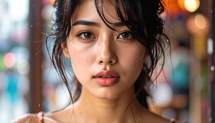 Close-Up Portrait of a Young Woman with Rain Drops on her Face