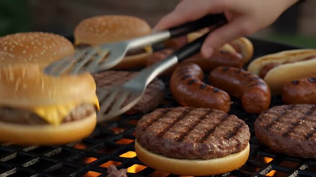 Hand grilling hamburgers and hotdogs outdoors for a backyard barbeque, perfect for summer cookout graphics and foodrelated designs.