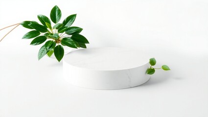 Minimalist white podium with lush green leaves and soft shadows