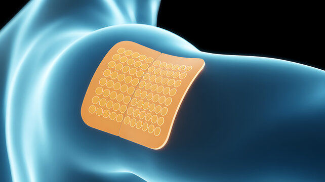 scientific 3d illustration of a transdermal patch applied to upper arm showing microneedle array drug delivery through skin layers for medication therapy and healthcare education