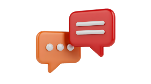 A digital rendering of two speech bubbles one orange and one red against a black background