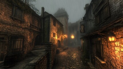 Medieval - style Alleyway in the Rain with Lit Lanterns and Stone Buildings 