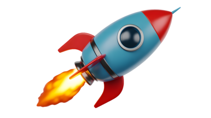A cartoon rocket ship with a blue body and red accents launching against a black background in a render