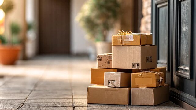 A stack of cardboard boxes sits at the entrance of a home, ready for delivery.