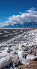 Ice floes on a shoreline, against a backdrop of mountains.