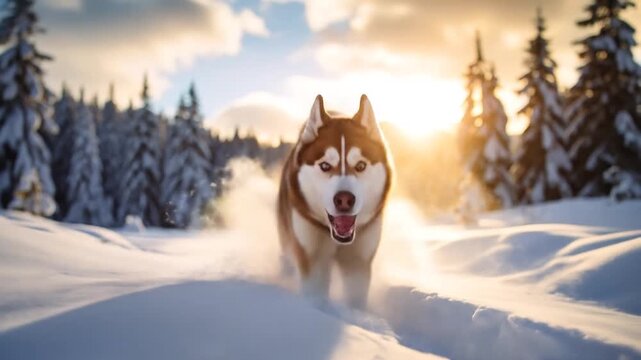 Husky running through snow