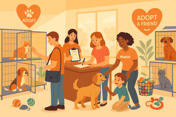 Fototapeta na wymiar Volunteers help families adopt pets at a local animal shelter during a community event in a welcoming environment