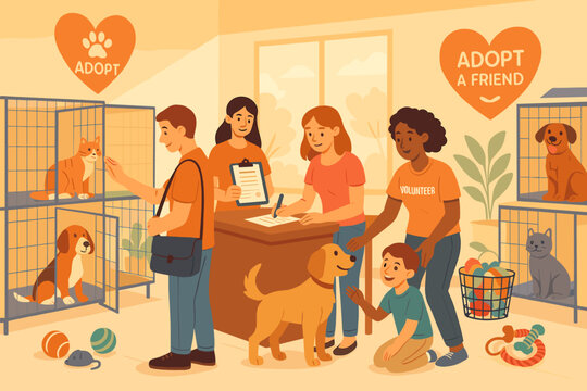 Volunteers help families adopt pets at a local animal shelter during a community event in a welcoming environment
