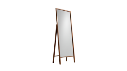 Full-length standing mirror with light brown wooden frame