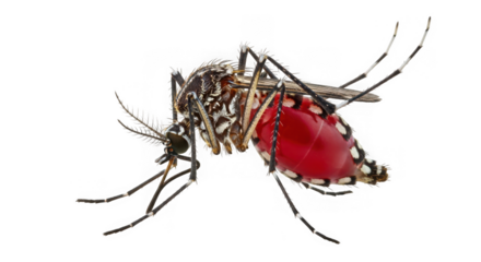 Close up of a blood-filled female Aedes aegypti mosquito with striped legs and wings on a black background isolated on a transparent background