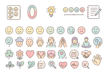 Obraz premium Collection of emotional and wellness icons featuring expressions and concepts for mental health awareness