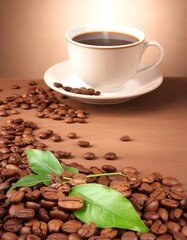 Fototapeta premium Aromatic coffee cup with coffee beans and fresh leaves rests on a warm brown surface.