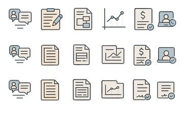 Collection of modern icons representing business communication, documentation, and analytics in a clean design