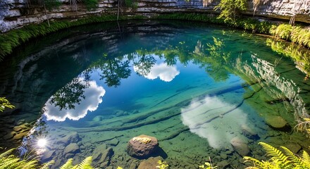 Crystal clear turquoise water in a natural well reflecting the blue sky and fluffy white clouds surrounded by lush green foliage and mossy rocks