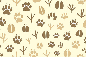 Unique pattern showcasing diverse animal tracks on a light background, perfect for nature-inspired designs or textiles