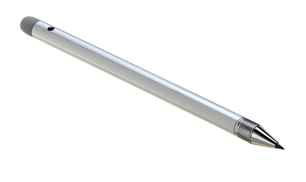 Metallic stylus, long and slender, with a rounded tip.  Small hole near top