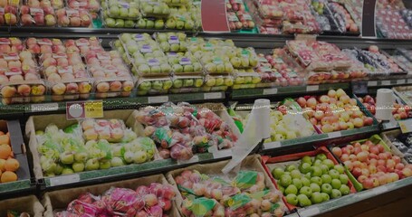 Animation of data processing against fresh fruits on the shelves at a grocery store - Powered by Adobe