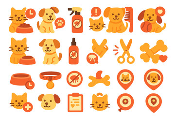 Colorful illustrations of pets and pet care items featuring dogs and cats in various activities and grooming essentials