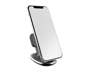 Modern smartphone mounted on a sleek,  silver car mount