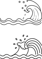 Vector art of stylized black and white illustration of two crashing ocean waves with water droplets