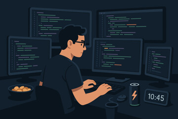 Developer works late at night on multiple screens while enjoying snacks and energy drink