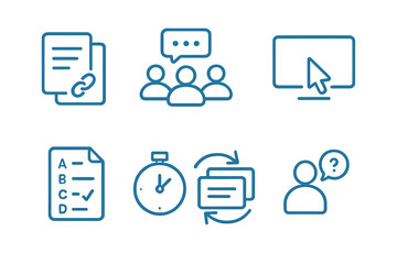 Blue outline e-learning and communication icon set with document link, group chat, computer cursor, multiple choice test, timer, message exchange, and user help symbol on gradient background