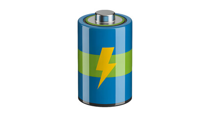 A blue battery with a green stripe and a yellow lightning bolt on a black background in a studio shot