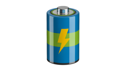 A blue battery with a green stripe and a yellow lightning bolt on a black background in a studio shot