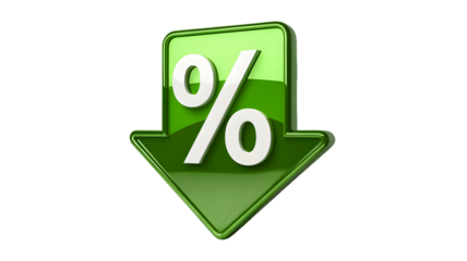 Green arrow pointing down with a white percentage sign on a black background illustration