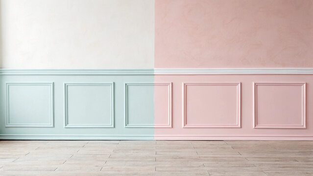 Interior Wall Divided into Pastel Pink and Mint Green with Wainscoting wall paneling