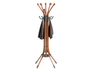 Stylish coat rack with a modern, light brown wooden base and gray accents.  Five arms radiate outward from a central point, each holding a hook. Clothes are draped