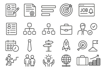 Fototapeta premium Various icons representing job search, recruitment, and career development activities in a modern design style